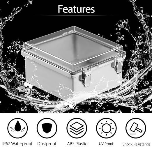 LeMotech Electrical Box, IP67 Waterproof Hinged Clear Cover Stainless Steel Latch Junction Box, ABS Plastic Electrical Enclosure with Mounting Plate,Wall Brackets, Cable Glands,5.9"x5.9"x3.5",Grey