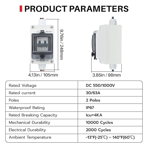 Solar Panel Disconnect Switch 1000V 63A PV Disconnect Switch Outdoor Miniature Circuit Breaker with IP67 Waterproof Box for Solar PV Home Battery Systems (1000V 63 A)