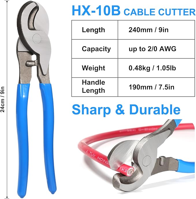 Solsop Battery Cable Crimper Tool for AWG 10, 8, 6, 4, 2, 1/0 Gauge Electrical Lug, Battery Lug Crimping Tool with 60PCS Copper Wire Lugs and Heat Shrink Tubing, Cable Cutter