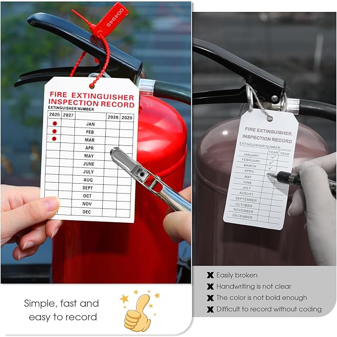Chunful 101 Pieces Monthly Fire Extinguisher Inspection Tags 2026 to 2029 Plastic Maintenance Record Tags 5 x 3.25 Inch with Hole Puncher Adjustable Wire Ties Tamper Seals Numbered Security(White)