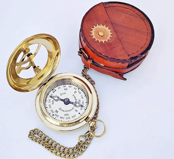 Antique Brass & Copper Sundial Compass – A Unique Gift of Elegance with Sundial Clock, Ship Replica Watch, and Presentation Box