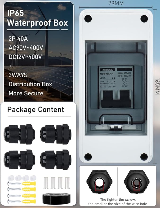 DIHOOL AC DC Circuit Breaker with IP65 Din Box for Solar Systems, 40 Amp 2 Pole 12V-400V, Non Polarized, Solar Panel Disconnect Switch, PV Array Shut Off Isolator