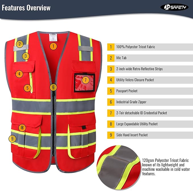 JKSafety 7 Pockets High Visibility Red Safety Vest for Men and Women Zipper Front with Hi-Vis Reflective Strips Meets ANSI/ISEA Standards (XX-Large, 130-Red)