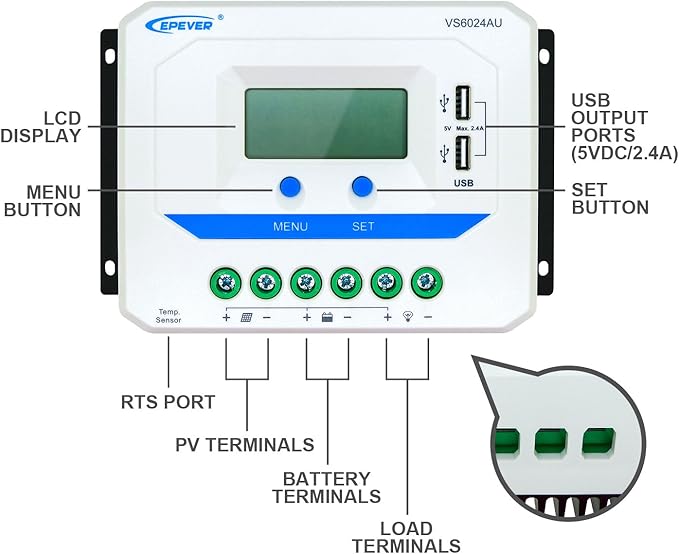 EPEVER Solar Charge Controller 60A 12V/24V Auto Work VS6024AU with Dual USB Ports Solar Panel Battery Regulator LCD Display for Solar System (60A)