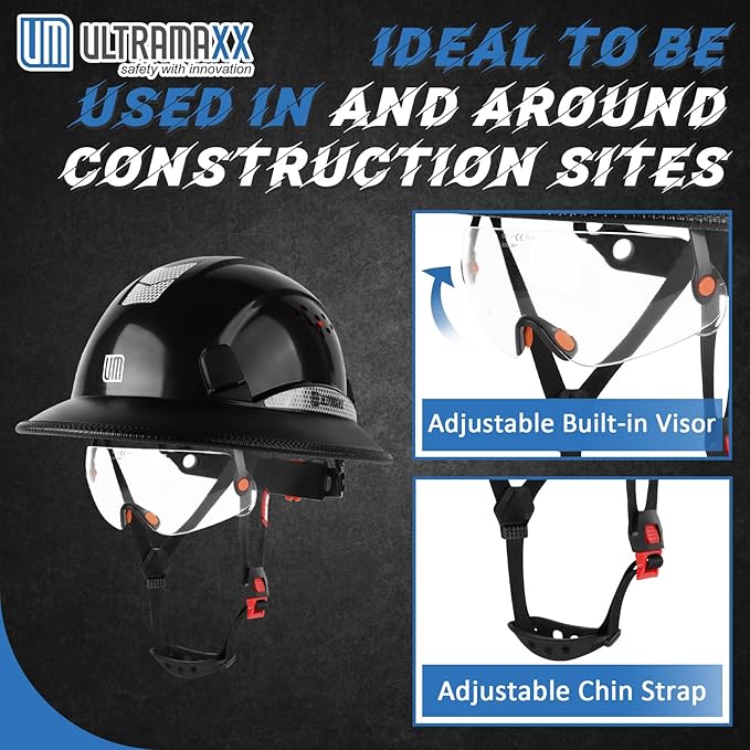 Full Brim Hard Hat with Built-in Visor, ANSI Z89.1 OSHA Approved Construction Safety Helmet with Chin Strap for Men Women