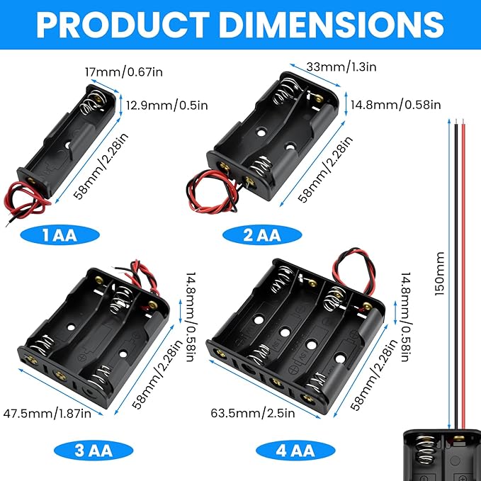 SDTC Tech 4-Pack 1/2/3/4 x AA Battery Holder with Wire Leads 1.5/3/4.5/6 Volt Battery Case Box Kit for Arduino Project Led Circuit Experiment
