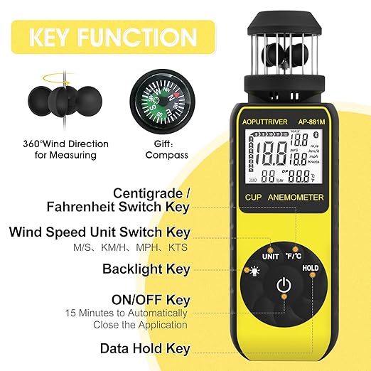 Anemometer Handheld, Wind Cup Meter with 360° Wind Direction, Wind Meter with Temp(℃/℉) Backlit for HVAC Vents, Boat Sailing, Shooting