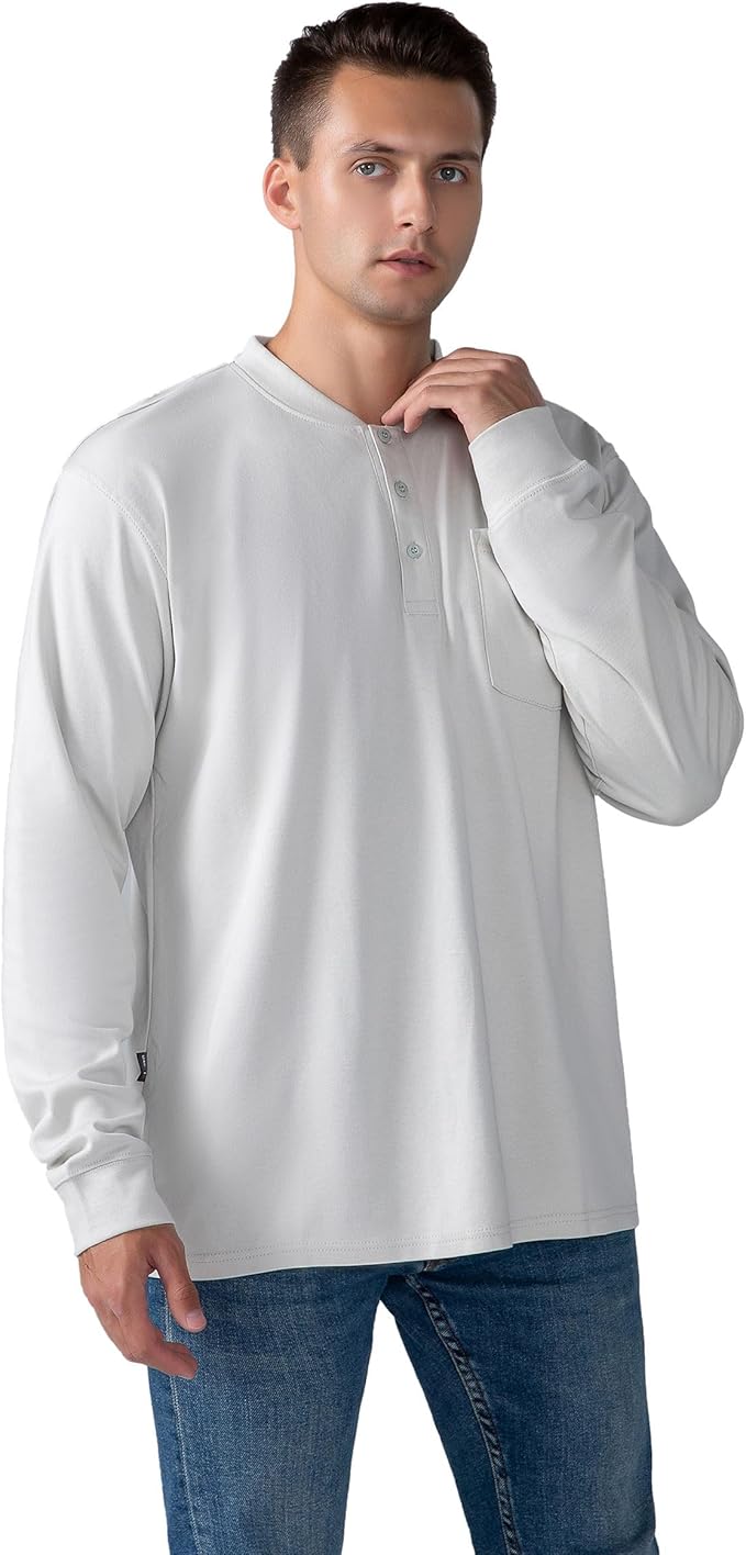 FR Henley Shirts for Men Flame Resistant Lightweight Welding 6.5oz 100% Cotton CAT2 Long Sleeve Fire Retardant FRC Clothing