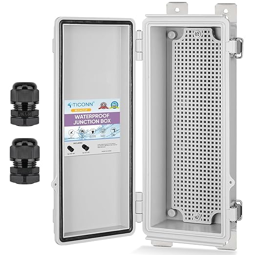 TICONN Outdoor Electrical Box Waterproof, Junction Box IP67 ABS Plastic Enclosure with Hinged Cover with Mounting Plate, Wall Brackets, Cable Glands (Off-White, 10.2"x4.3"x3.0")
