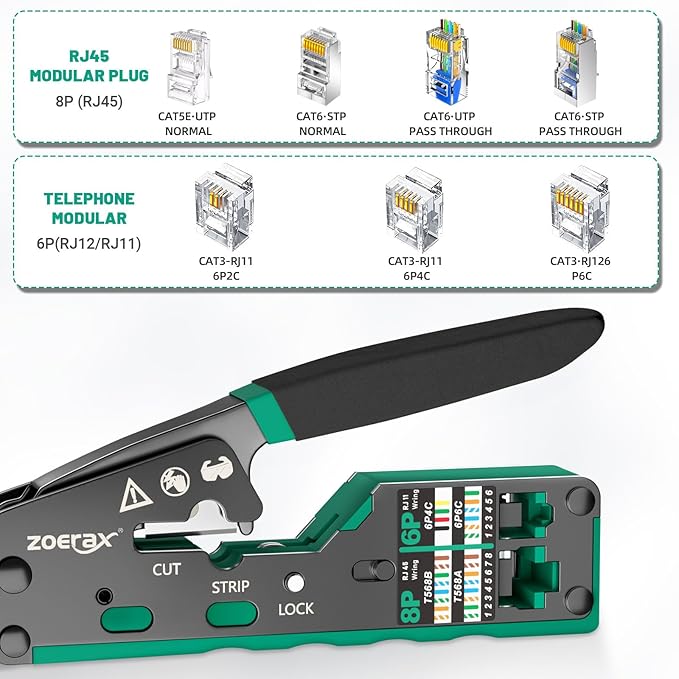RJ45 Crimping Tool Ethernet Crimp Tool Crimper for RJ11/RJ12 Standard, RJ45 Pass Through Connectors, Green