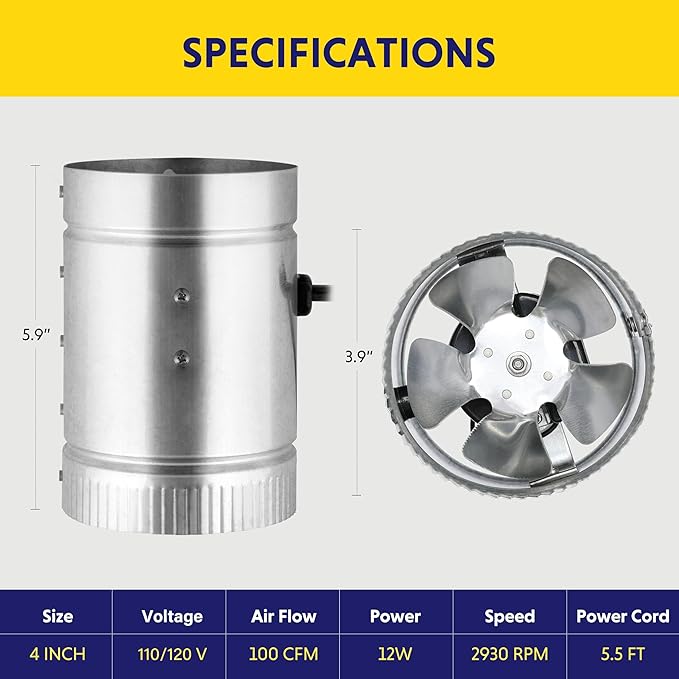 iPower 4 Inch Inline Booster, 100 CFM Exhaust HVAC, Duct Blower for Bathroom, Kitchen, Basement, Attic and Grow Tent, 4'' Fan, Silver