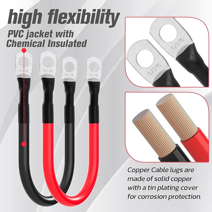 6 AWG Battery Cable 6AWG Gauge Battery Inverter Cables for Automotive Solar Marine Boat RV Car Motorcycle (6 AWG, 9in, 5/16")