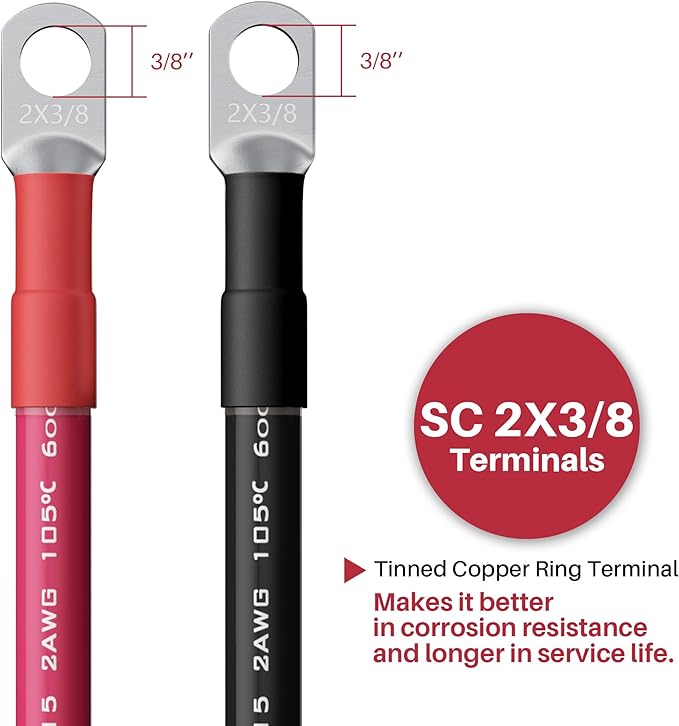 2AWG Battery Cable with 3/8" Terminals, 2 Gauge Pure Copper Inverter & Welding Wire with 3/8 inch Lug Both Ends, UL, Power Inverter Wire Set for Automotive, Solar, Marine, RV (Red + Black, Each 3FT)