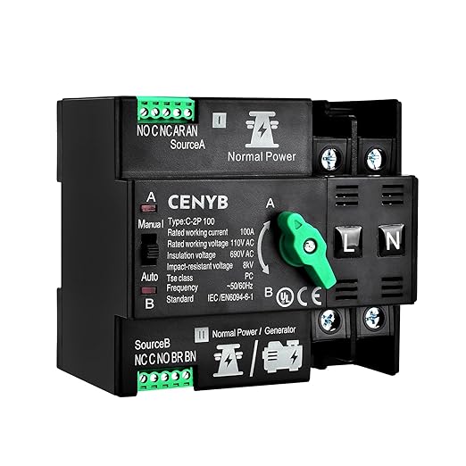 Automatic/Manual Transfer Switch for Home Generator 2P 100A AC110V Uninterrupted Power Supply DIN Rail Mount Toggle Changeover Module