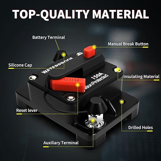 150Amp Circuit Breaker Waterproof Marine Motor Accessory for Boat Trolling ATV Trailer Vehicles Stereo Audio Electronic Battery Solar System Inline Fuse with Manual Reset Switch DC 12V-48V