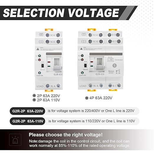 63Amp 220V AC Mini ATS Automatic/Manual Transfer Switch, 2Pole G2R Solar Auto Dual Power Changeover Switch for Home, Din Rail Mounted 50/60Hz CE Certified for Rv, Lv, Cn Public/Backup Power