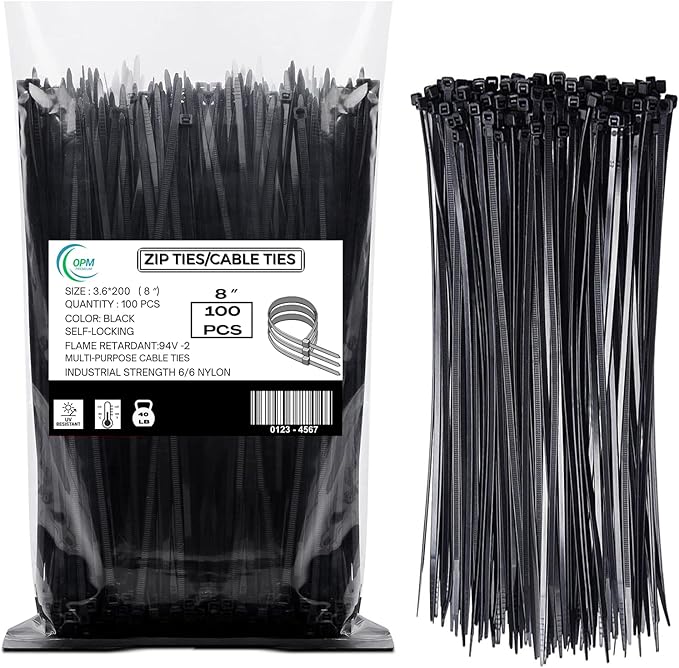 8 Inch Black Zip Ties Heavy Duty 40LB | Nylon Cable Ties for Cable Management, Electrical & Garden Use | UV & Heat Resistant Self-Locking Griplock Ties–100 Pack Durable Wire Fasteners by OPM Premium