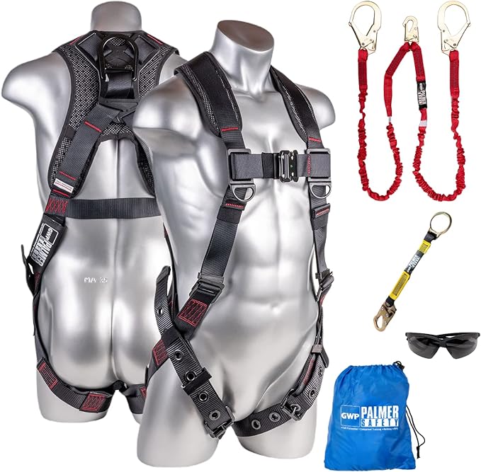 Palmer Safety Fall Protection Safety Harness Kit I Construction Harness + Various Lanyard + D-Ring Extender
