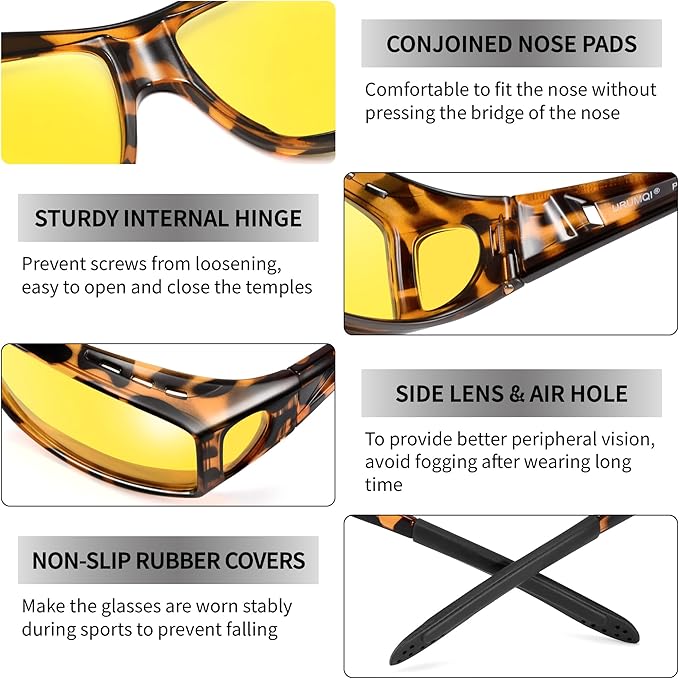 URUMQI Night Vision Driving Glasses Fit Over Eyeglasses for Men Women, Anti Glare Polarized Nighttime Glasses Yellow Lens