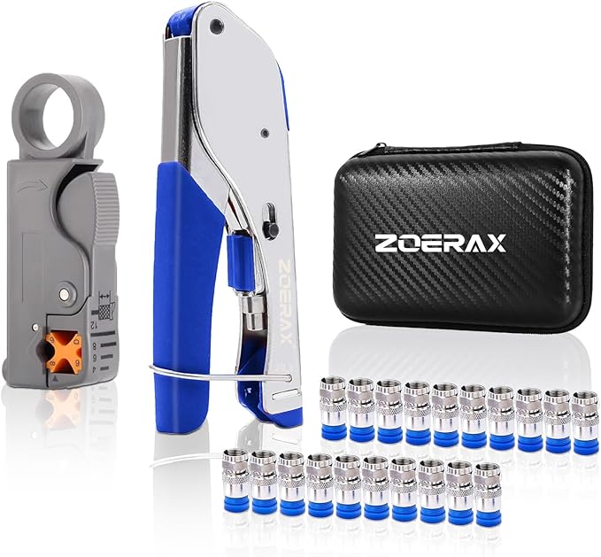 Coax Cable Crimper Kit for RG59 RG6, 3-in-1 Coaxial Tool Set, Includes Stripper & 20PCS F Connectors, Compatible with RG11/RG7, for Satellite TV, Home Theater & Network Cabling