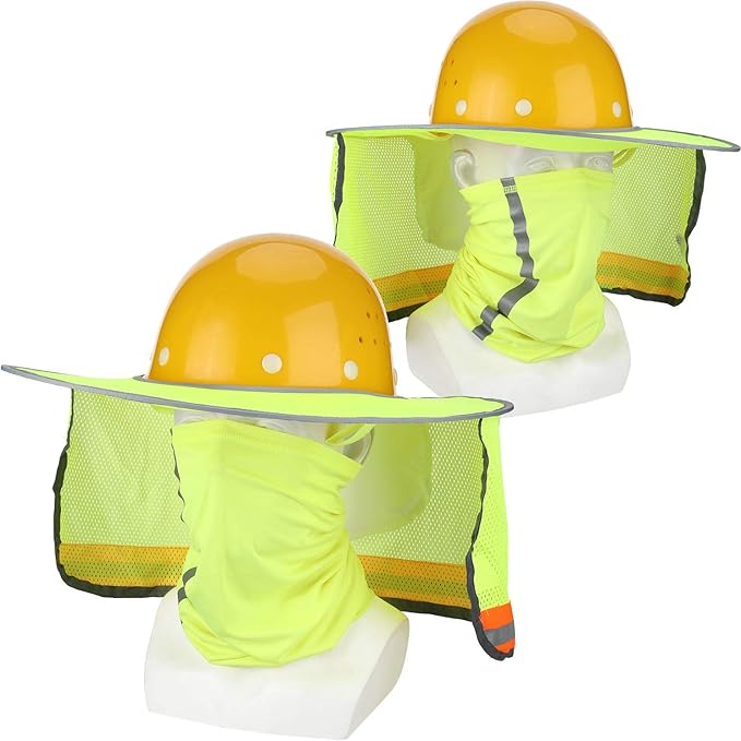 SATINIOR 2 Pcs Sun Hard Hat Neck Protection High Visibility Full Brim Mesh Sun Protection and Neck Gaiter Bandana Face Scarf for Construction Helmet Hard Hat Accessories, Reflective(Yellow)