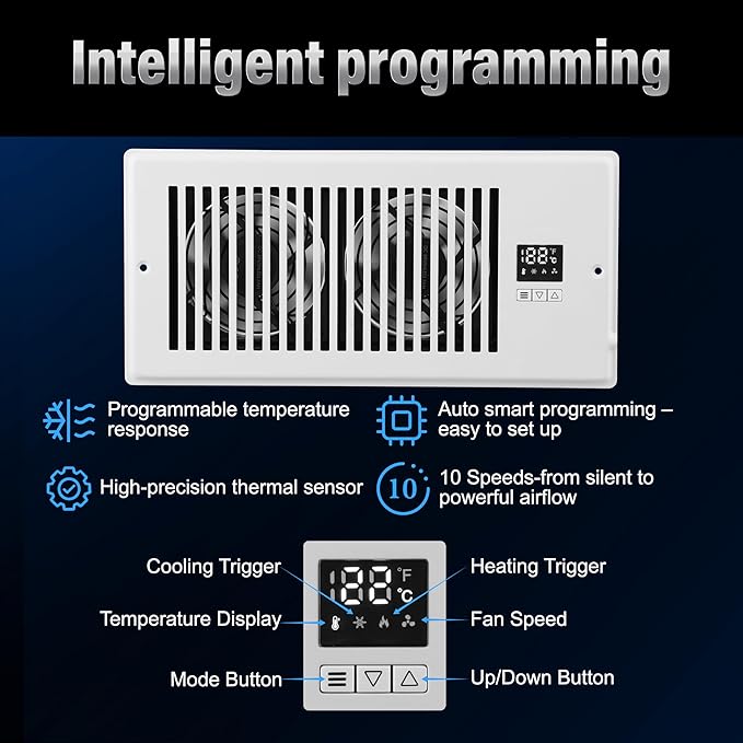 Xcity Quiet Register Booster Fan, Intelligent 4"x10" Vents, 10-speed, Air Vent Fan with Remote Control & Thermostat, Smart LED Display Ideal for HVAC, Integrated Heating & Cooling, White