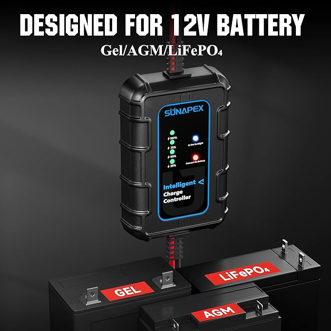 Sunapex Solar Charger Controller 12V: 10A PWM Intelligent Solar Panel Controller 12Volt with LED Display - Waterproof Smart Regulator for RV Boat Car Battery - Tailored AGM Gel LiFePO4 Battery Charger