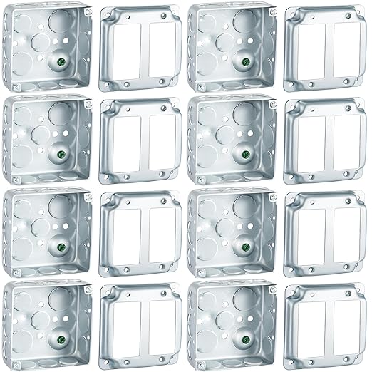 8 Set 4 × 4" Electrical Junction Box with Cover Electrical Metal Outlet Box, 21.0 Cu. in. Capacity Receptacle Exposed Work Cover, 1-1/2'' Deep (2 Gfci)
