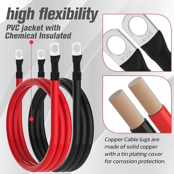 4 AWG Battery Cable 4AWG Gauge Battery Inverter Cables for Automotive Solar Marine Boat RV Car Motorcycle (4 AWG, 5FT, 3/8")