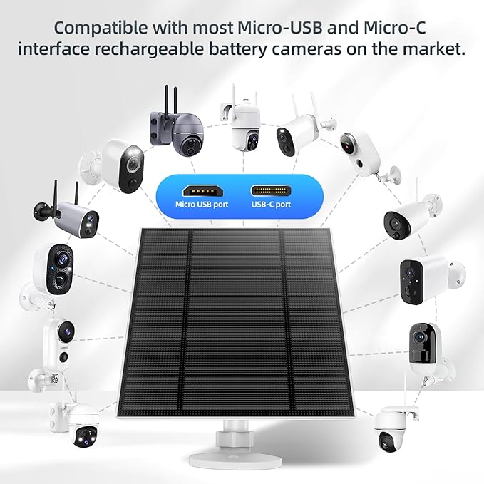 5W Solar Panel for Security Camera, Solar Panel with Micro USB & USB-C Port for DC 5V Outdoor Rechargeable Battery Camera, IP65 Waterproof, 360° Adjustable Security Mount, 9.8ft Cable(White 2PC)