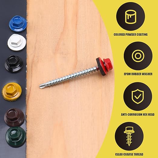 200pcs #10 x 2 White Hex Head Self-Drilling Metal Roofing Screws, EPDM Washer, Colored Head, Wood Screws, Sheet Metal Roof Screw with Hex Driver Bit (White, 2 in)