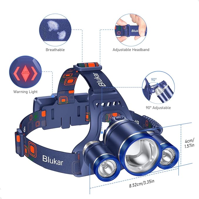 Blukar LED Headlamp, Super Bright Rechargeable Headlight Flashlight - 3 Lights 5 Modes,Zoomable,Spotlight&Floodlight Combination, IPX6 Waterproof, 20+Hrs Runtime for Running,Hiking-Blue