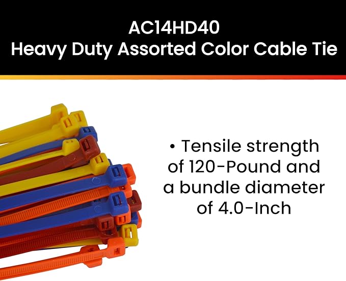 Pro Tie AC14HD40 14.5-Inch Assorted Color Heavy Duty Color Cable Tie, Assorted Nylon, 40-Pack