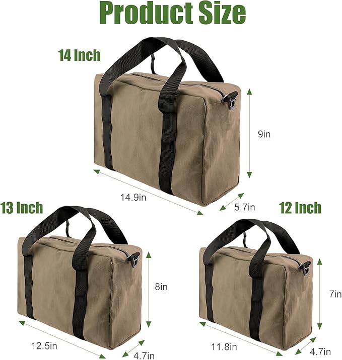 Small Tool Bag,Close Top Wide Mouth Tool Organizer Bag,Large Capacity Tool Bags for Men,Canvas Tool Storage Bag for Storage Handbag for Screwdrivers,Wrench,Pliers Hand Tools (Khaki, 14 Inch)