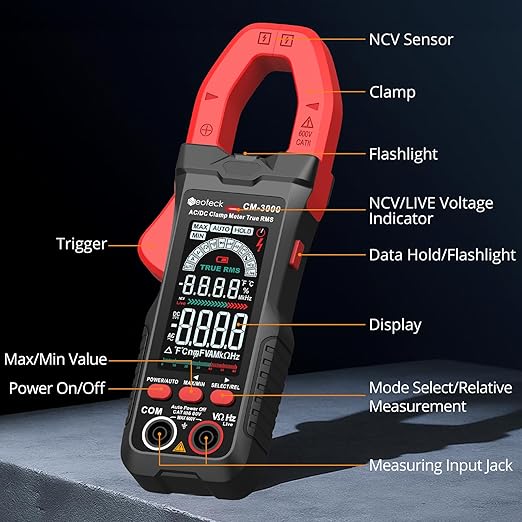 Neoteck Clamp Meter 6000 Counts Clamp Multimeter 800A AC Current Multimeter Auto Selection Color Screen TRMS Voltage,Capacitance,Continuity,Resistance,NCV,Diode,Frequency for Home,Auto,Industrial,HVAC
