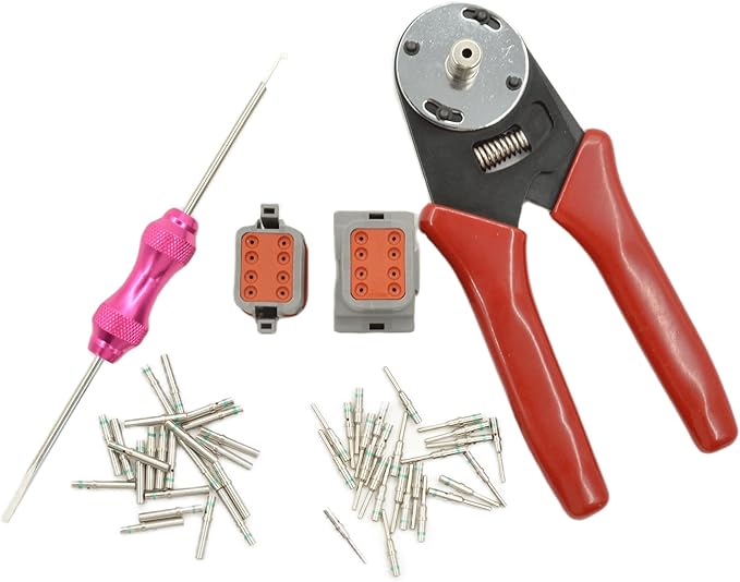 Deutsch Closed Barrel Crimper, Solid Barrel Contact & Circular Connector Contacts Crimping Tool (AWG 14-20) 4 Way Indent, 8 Impression Type，DT Connector Removal Tool,0411-310-1605 Blue Push Wire Tool
