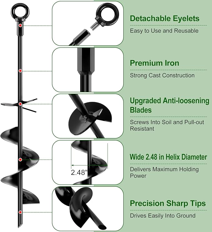 Ground Anchors Screw in Kit, 18 Inch Spiral Trampoline Anchors with Reinforced Blade, Ground Stakes High Wind Heavy Duty for Camping Tent Swing Set Carport Shed Mobile Home Dog Tie Out, 4 Pack