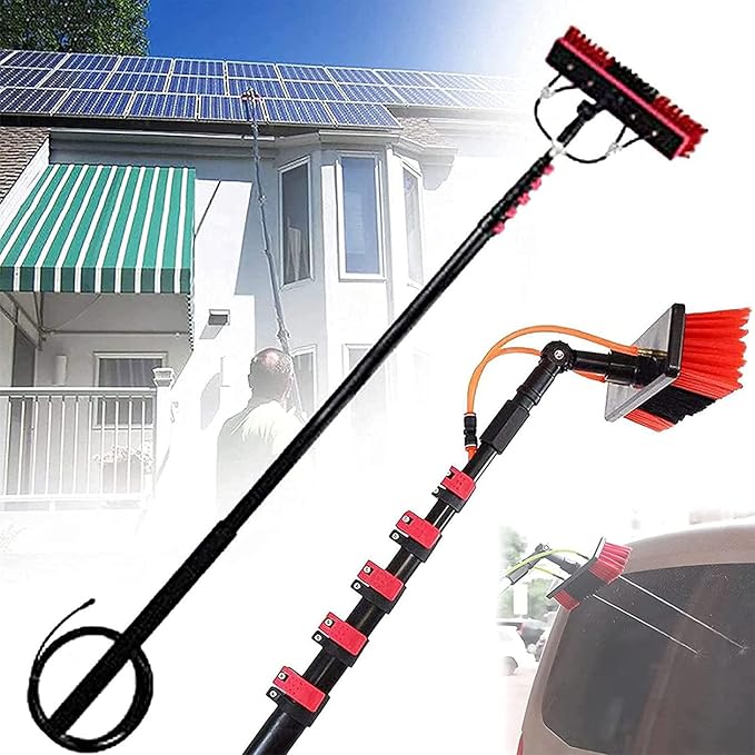 Outdoor Window Cleaning Pole, Water Fed Telescopic Brush Water Fed Pole Kit with Hose Spray, Solar Panel Cleaning System Outdoor Washing Equipment Tool for Photovoltaic Panel,19FT/6M