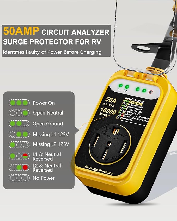RV Surge Protector 50 Amp,RV Surge Voltage Protection with Safety Certification, 16000 Joules Circuit Analyzer for RV, RV Adapter Plug for Camper (50AMP-Yellow)