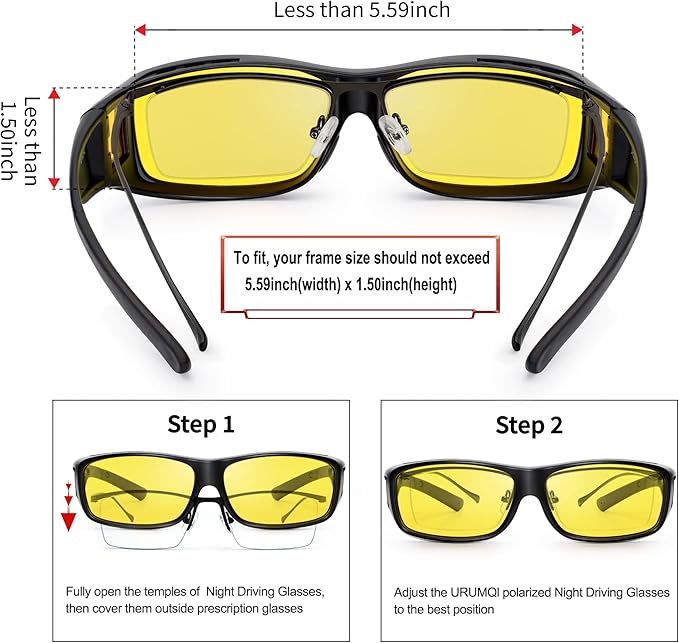 URUMQI Night Vision Driving Glasses Fit Over Eyeglasses for Men Women, Anti Glare Polarized Nighttime Glasses Yellow Lens