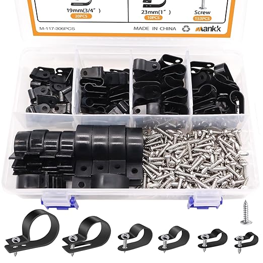 mankk 306PCS Cable Clips Wire Clips Assortment Kit Nylon Plastic R-Type Cable Clamps Wire Mounting Clips 6 Sizes 3/16'' 1/4'' 3/8'' 1/2'' 3/4'' 1'' with Screws for Cable Management