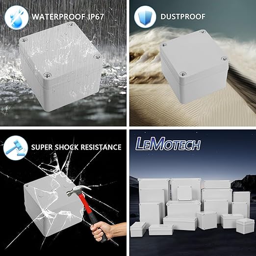 LeMotech IP67 Waterproof Junction Box ABS Plastic Project Box Dustproof Electrical Box Outdoor Enclosure for Electronics DIY Case Gray 3.9X 3.9X 3 inch (100x 100x 75 mm),2 Pack