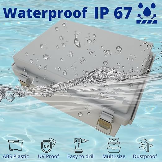 MAKERELE Small Electrical Junction Boxes Plastic Gray IP67 ABS with Electrical Waterproof Performance Including Mounting Plate,Stainless Steel Buckle and 1/2" NPT*2(8.7"×6.7"×4.3")