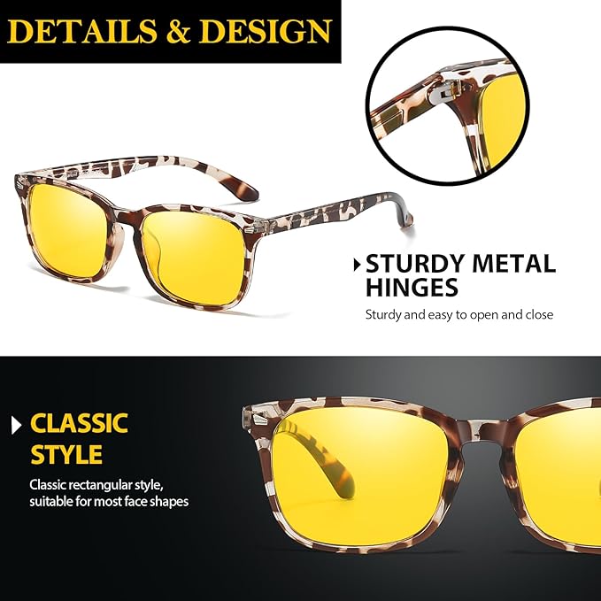 TJUTR Night Vision Driving Glasses for Men & Women, Polarized Anti Glare Yellow Lens Glasses for Night Time Safety TN2582N