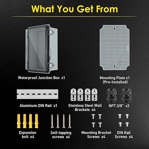 Waterproof Electrical Junction Box, IP67 Plastic Weatherproof Electrical Enclosure with Aluminum DIN Rail, Mounting Plate, Wall Brackets for DIY Project WiFi, Clear (5.9"×3.9"×2.8")
