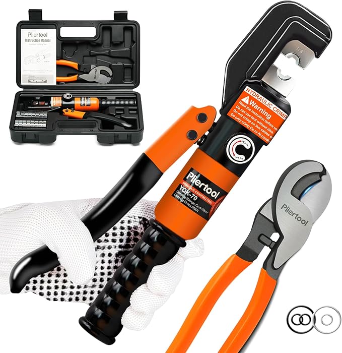 10 Ton Hydraulic Battery Cable Crimper with 9 Dies - Hydraulic Crimper Tool with Dual-Blade Weir Cutter & Spring-Loaded Handle Crimper Kit for 12-2/0 AWG, 1/8" Stainless Steel Railing