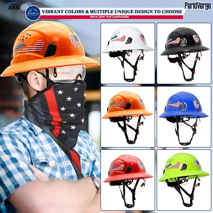 Full Brim Hard Hats Construction OSHA Approved with Visor-Vented Hard Hat with Neck Gaiter with Ear Loops,Safety Hard Hats for Men with Chin Strap ANSI Z89.1 Type 1 Class C,6-pt Suspension