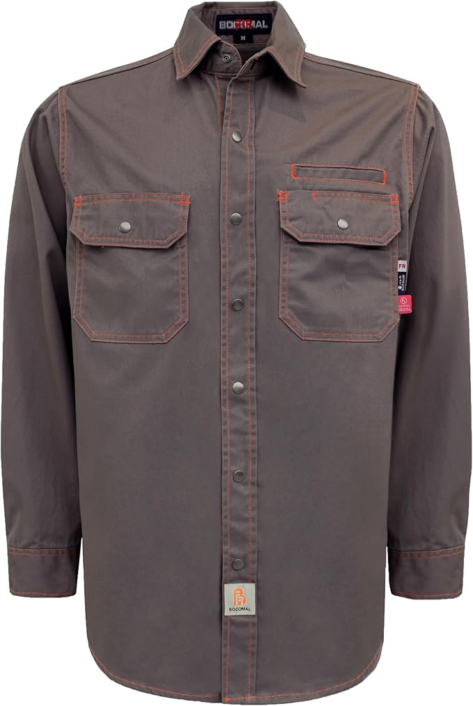 BOCOMAL FR Shirts for Men Snaps Down 7.5oz Water Repellent Fire Resistant Welding Jackets-NFPA2112 CAT2