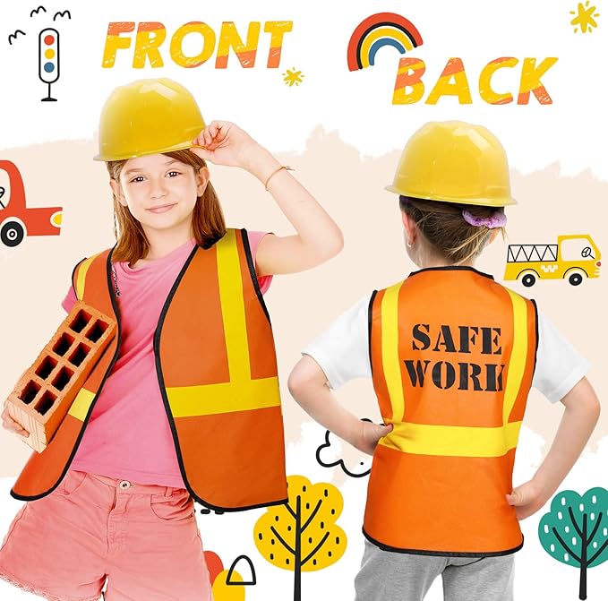 SATINIOR 24 Pcs Construction Birthday Party Supplies Kid Construction Hat and Vest Worker Costume Kids Role Play Dressing up