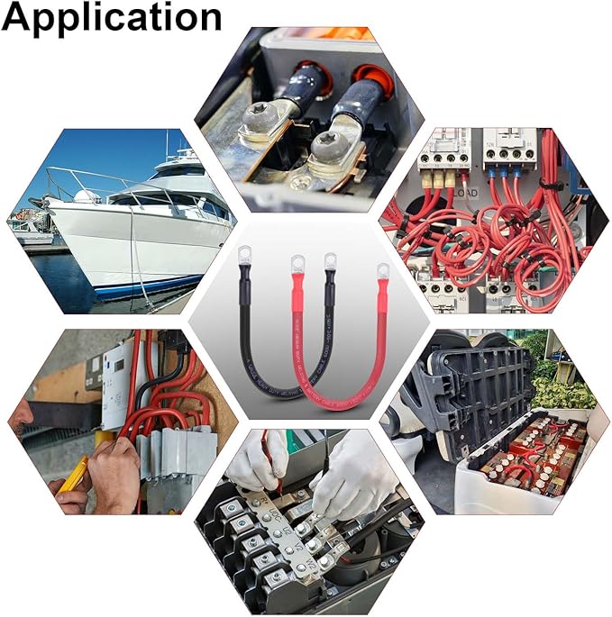 8 AWG Flexible Battery Cable with 5/16" Terminals - OFC Pure Copper Inverter & Welding Wire for Automotive Solar RV Motorcycle (Red + Black 2FT Pair)